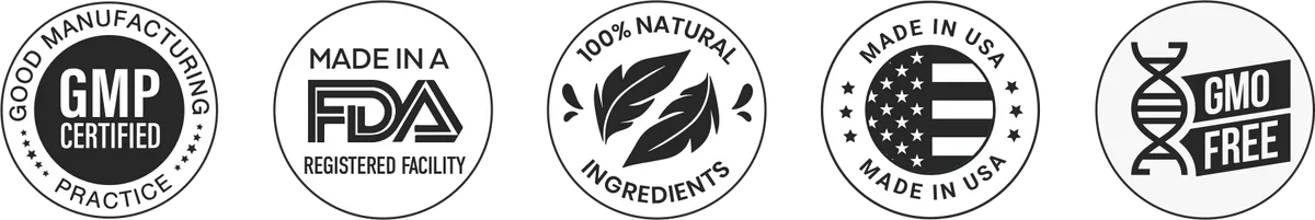 ProDentim seals: GMP certified, FDA registered facility, 100% natural, Made in USA, GMO free